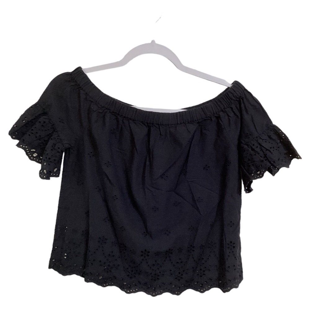 Madewell Women’s Black Off Shoulder Ruffle Short Sleeves Eyelet Top Size XS